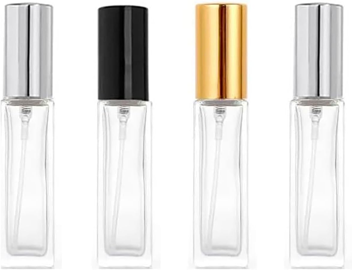 4 Pcs 10ML Transparent Glass Travel Refillable Mini Perfume Bottles Fine Mist Perfume Atomizer, Small Empty Sample Containers,For Perfume, Toner, Lotion(Gold/Sliver/Black Lid)