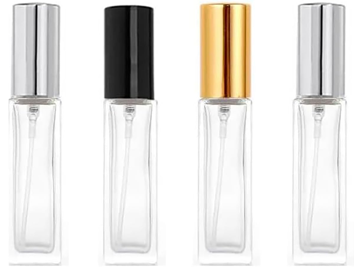4 Pcs 10ML Transparent Glass Travel Refillable Mini Perfume Bottles Fine Mist Perfume Atomizer, Small Empty Sample Containers,For Perfume, Toner, Lotion(Gold/Sliver/Black Lid)