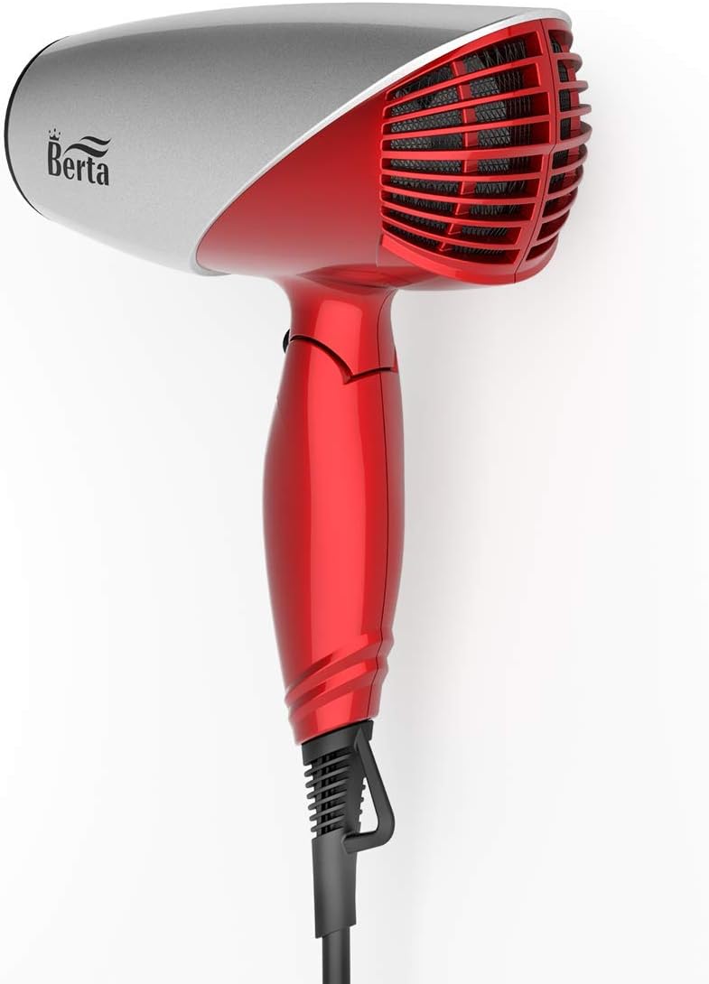 BERTA 1875Watts Folding Handle Hair Dryer Ceramic Negative Ionic Blow Dryer with Nozzle Compact for Children & Traveling