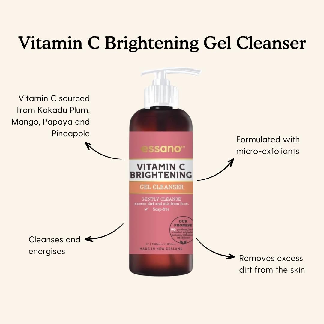 Essano Vitamin C Skin Care Set, Radiant Skincare Pack with Gel Face Cleanser (40ml), Exfoliating Face Scrub (40ml), Facial Serum (3ml), SPF15 Moisturizer (10g), For Travel or Trial, Cruelty Free