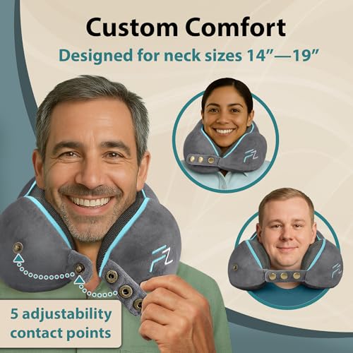 FLOWZOOM Memory Foam Travel Pillow for Airplanes & Car Rides - Adjustable Airplane Pillow with 360° Chin and Neck Support for Comfy Naps, Extra-Soft Washable Neck Pillow Cover, Squeezy Mesh Bag - Grey
