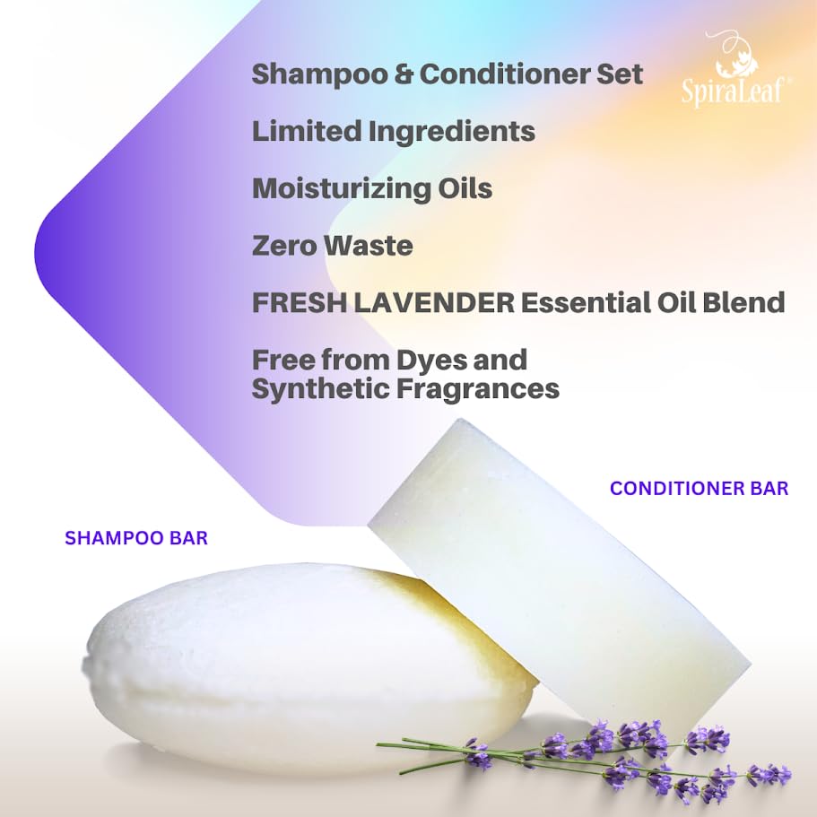 SPIRALEAF Solid Shampoo Bar & Conditioner Bar Set, FRESH LAVENDER Essential Oil Blend, Limited Ingredients, Concentrated Formula, Fragrance-Free, Dye-Free, Premium Hair Care and Shave Bars