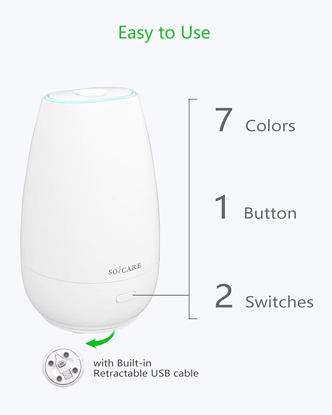 SOICARE Car Diffuser (2nd Generation), Small Portable Car Essential Oil Diffuser with Built-in USB Cable, Mini Aromatherapy Air Scent Humidifier Diffuser for Travel/Office/Home (White)