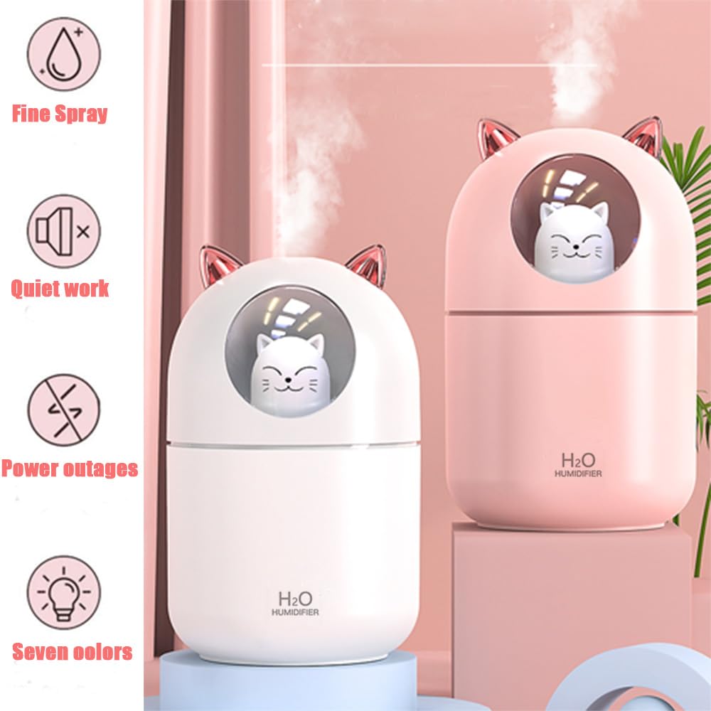 Portable Small Humidifier, YIMIKE 300ml Mini Cool Mist Humidifier with Night Light, USB Personal Humidifier Auto Shut-Off, Ultra-Quiet, 2 Spray Modes, Suitable for Home Office Travel (Light Pink)