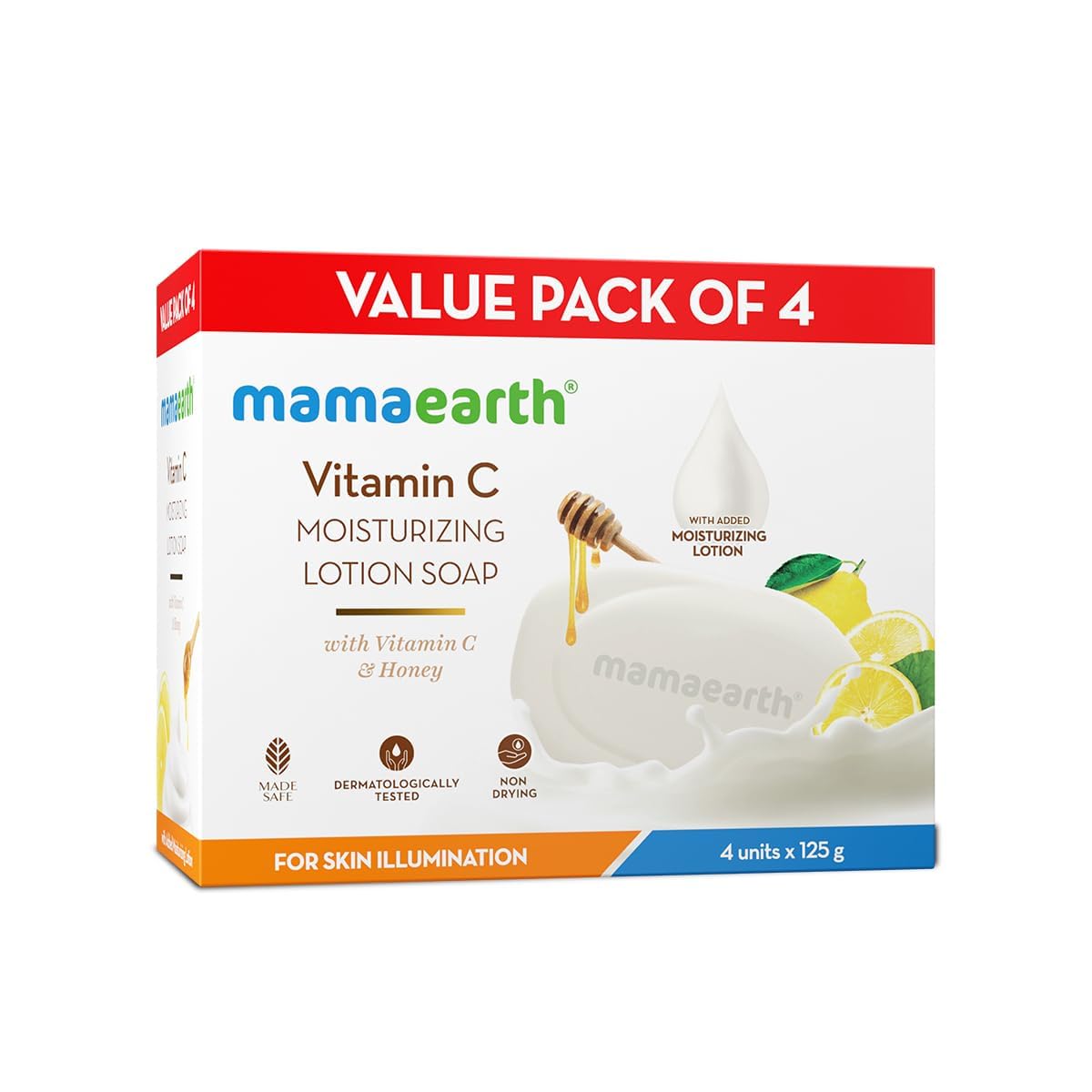 MAMAEARTH Vitamin C Moisturizing Soap Bar with Honey for Deep Hydration | Gentle, Sulfate-Free Bathing Bar for All Skin Types | 4.41 oz Each (Pack of 4)