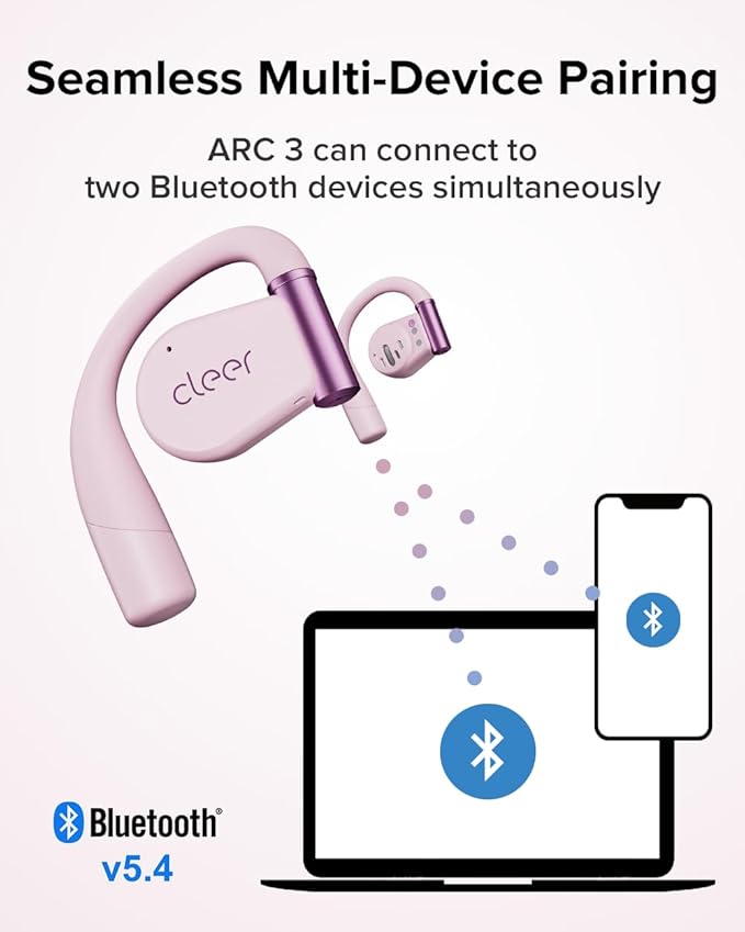 Cleer ARC 3 Open Ear Headphones - Dolby Audio, Snapdragon Sound True Wireless Earbuds, 50Hr Battery, Bluetooth 5.4, IPX 7, Multi-Point, Smart Controls, Wireless Charging Smart Case, Comfort Fit, Pink