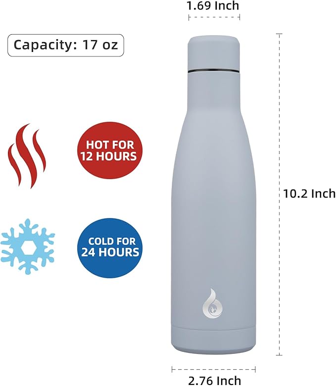 BJPKPK Insulated Water Bottle 17oz Stainless Steel Water Bottles Dishwasher Safe Metal Thermal Keep Cold and Hot,Mist Grey