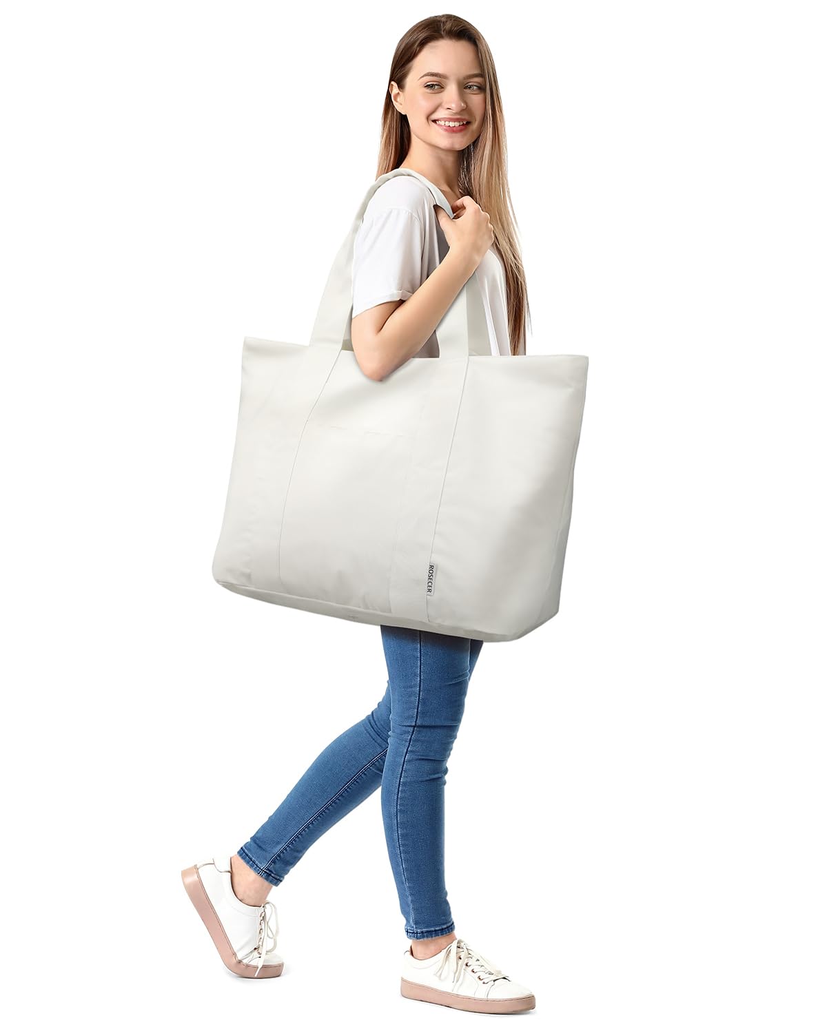 ROSECER Extra Large Tote Bag for Women, Foldable Beach Bag with Wet Pocket, Waterproof Weekender Overnight Bag for Travel, Gym, Hospital, Swim, Nurse, Beige