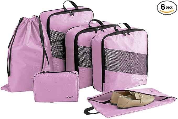 Compression Packing Cubes for Travel 6 Sets, Space Saving Vacation Travel Essentials, Travel Accessories for Suitcase Organizer Bags Set, Durable Luggage Organizer Travel Bags (pink)