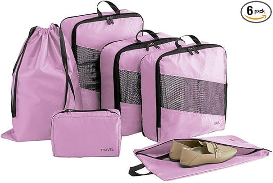 Compression Packing Cubes for Travel 6 Sets, Space Saving Vacation Travel Essentials, Travel Accessories for Suitcase Organizer Bags Set, Durable Luggage Organizer Travel Bags (pink)