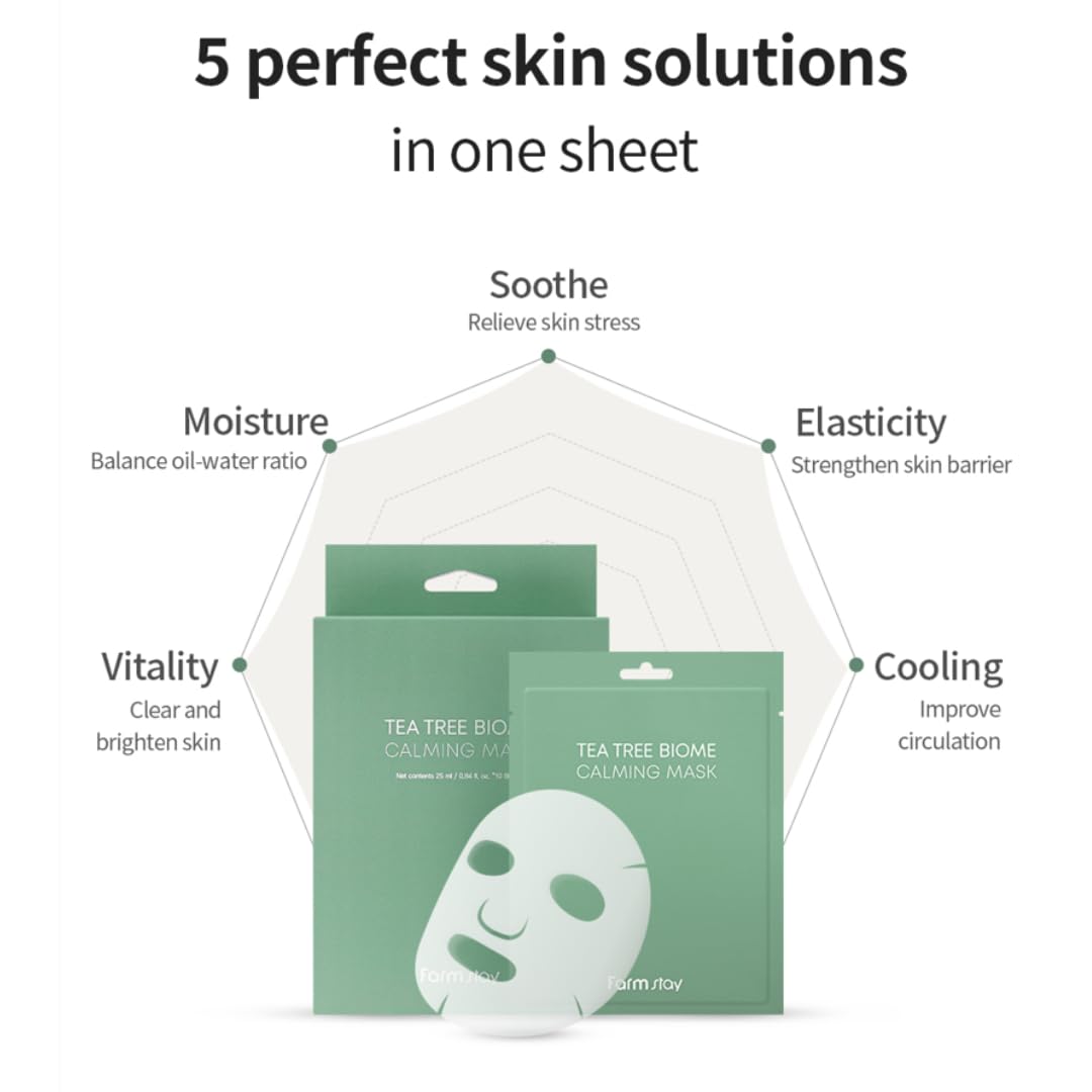 FARMSTAY TeaTree Biome Calming Mask -Daily Facial Gentle for Sensitive Skin, Korean Skin Care, Hydrating& Soothing, Acne Calming mask,100% cellulose, for Women,Men,Teenager,0.84 fl.oz.*10Sheets