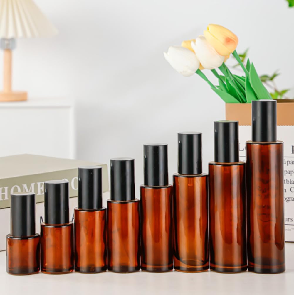 ASTRQLE 3 Pcs 60ml 2oz Amber Glass Pump Bottle - Travel Cream, Lotion, Mini Soap Dispenser, Cosmetic Bottle, Container, Vial, Jar for Shampoo, Essential Oil, Liquid Foundation