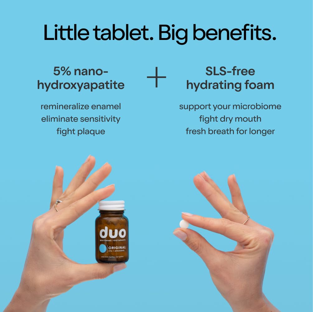 Duo Toothpaste Tablets | Nano-Hydroxyapatite (nHa) Natural Whitening, Remineralize, Reduce Sensitivity | Sustainable & Plastic Free | Dentist Created | Wild Mint Medley - 1 Bottle / 62 Tablets