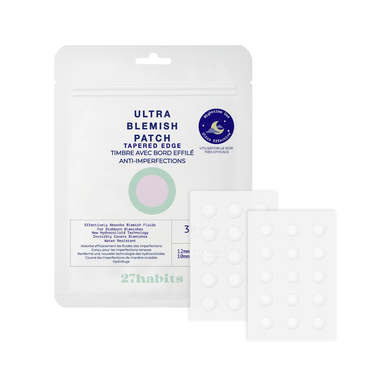 27habits ULTRA BLEMISH PATCH (30 patches) - protects and covers blemishes, made with eco-friendly packaging, fast absorbing hydrocolloid, tapered edge, Korean skincare