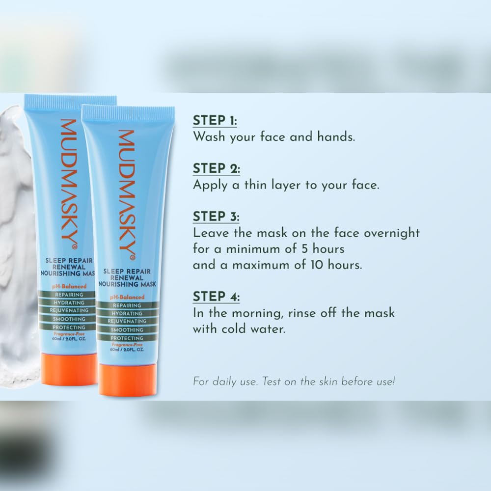 MUDMASKY Sleep Repair Renewal Nourishing Mask 60ml - Anti-Aging, Hydration Boost, Fragrance-Free - Face Moisturizer to Add in Your Skin Care Set for Nourishment & Rejuvenation - Overnight Formula