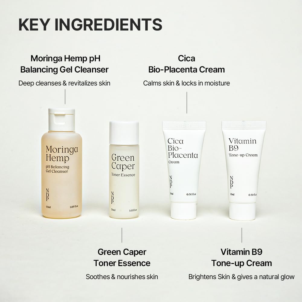 Natural Derma Project - Travel Kit - Mini Travel Size Skincare Essentials - Moringa Hemp Gel Cleanser, Green Caper Toner Essence, Cica Bio-Placenta Cream, B9 Tone-Up Cream (4 items)