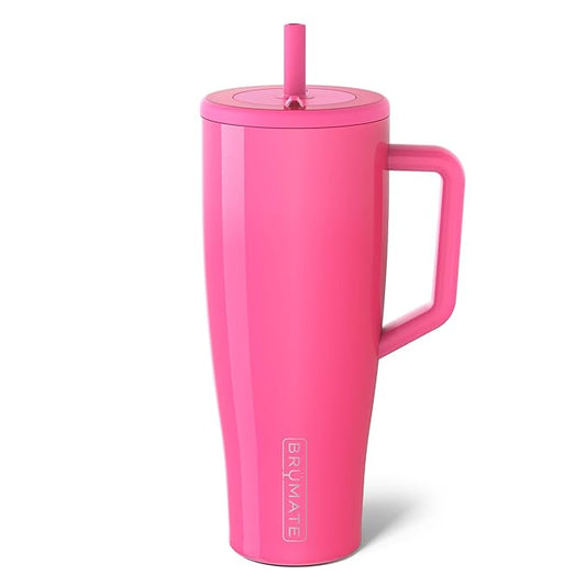 BrüMate Era 40 oz Tumbler with Handle and Straw | 100% Leakproof Insulated Tumbler with Lid and Flexible SoftSip Straw | Made of Stainless Steel | Cup Holder Friendly Base | 40oz (Neon Pink)