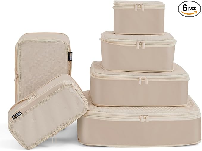 Compression Cubes for Travel, XL/L/M/S Luggage Organizers (6 Set, Classic Khaki)