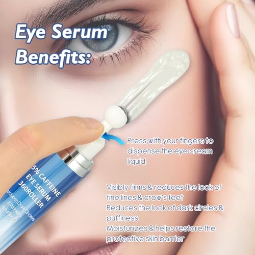 Caffeine & Retinol Eye Cream with 360° Massage Roller – Reduces Puffiness, Bags & Dark Circles – Peptides, Green Tea & Hyaluronic Acid – 15ml