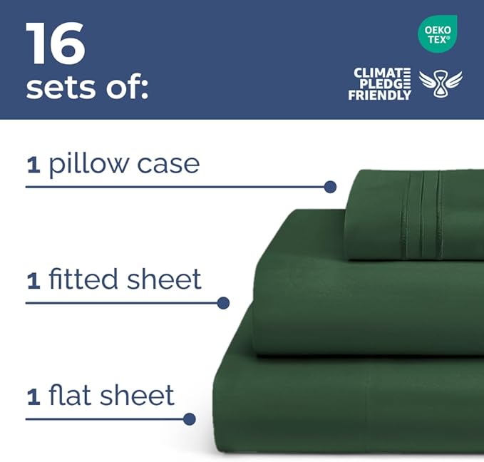 Bulk Case Pack of 16 Sheet Sets - (16) Complete Twin Size Sheet Sets with Deep Pockets - Wholesale Bulk Bedding for Hotels, Spas & Airbnbs - Breathable, Cooling & Wrinkle Free - (Twin, Emerald Green)