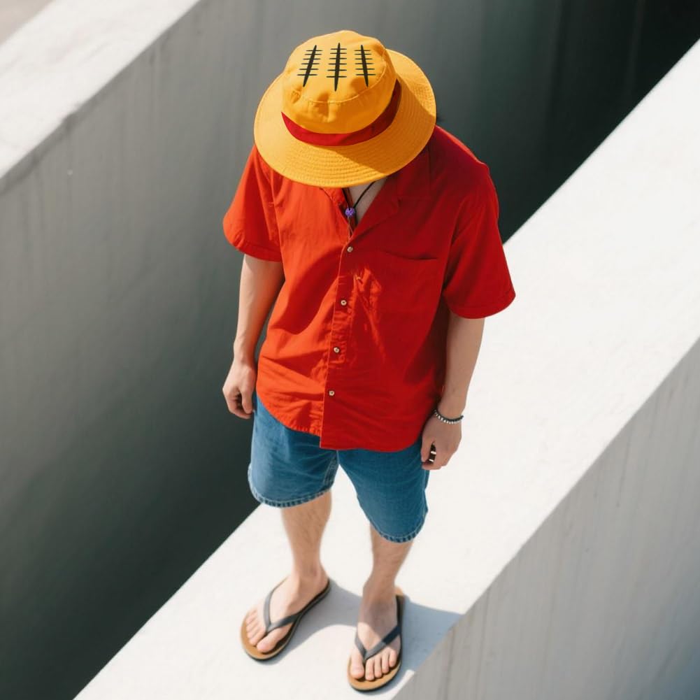 3-in-1 OP Captain Inspired Sun Hat Set - UPF 50+ Foldable Wide Brim Bucket Hat with Adjustable Back Vent + Strawhat Key Case & Enamel Pin, Unisex Waterproof Outdoor Hat for Women/Men