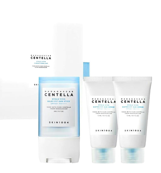 SKIN1004 SKIN 1004 - Hyalu Cica Sunsational Kit. Madagascar Centella Hyalu-Cica Silky-Fit Sun Stick X1 and Madagascar Centella Hyalu-Cica Water-Fit Sun Serum Mini X2 korean gift set