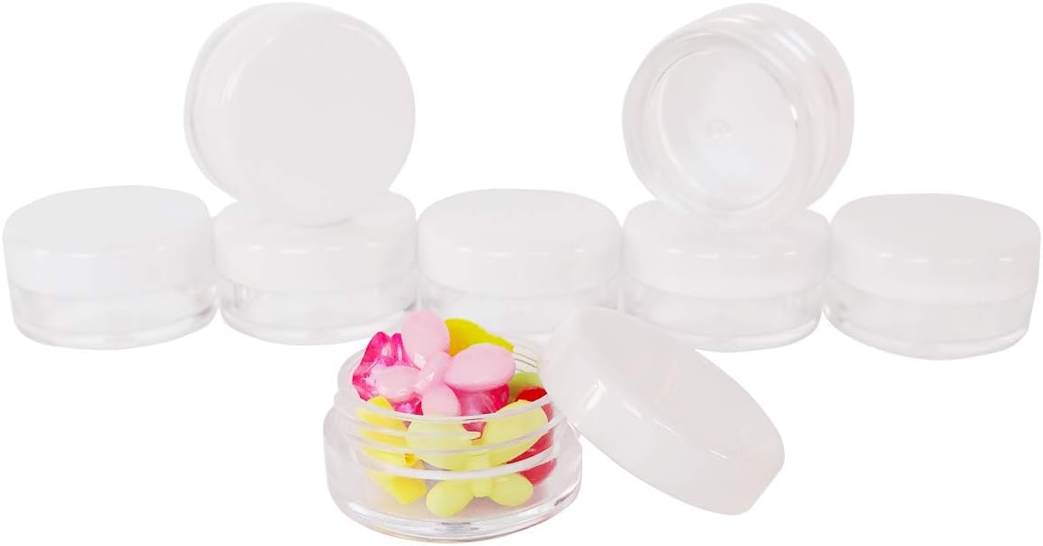 Wopanxye 20pcs 5g Small Travel Sample Cosmetic Containers for Make-up Eye Shadow Nails Lotion Powder Gems Beads Jewelry Cream, 5ml Clear Round Pot Jars with White Lid， Mini 5ml Plastic Sample Jars