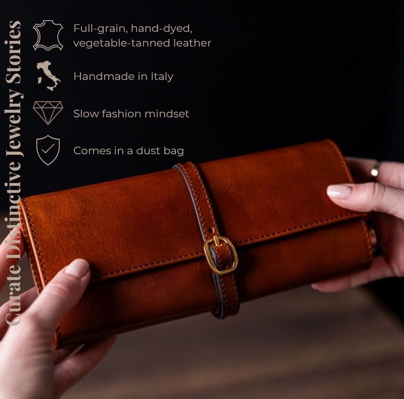 Time Resistance Leather Jewelry Roll - Full Grain Leather Travel Jewelry Case - Jewellery Organizer Made in Italy (Cognac Brown)