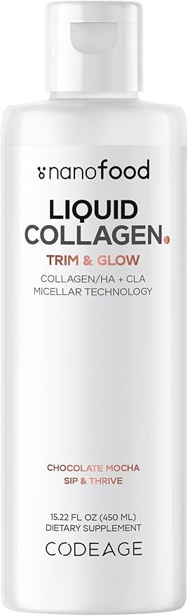 Codeage Liquid Collagen Supplement Chocolate Flavor, Beauty Trim & Glow Liposomal Collagen Peptides, CLA Conjugated Linoleic Acid, Hyaluronic Acid, Vitamin E, Hydrolyzed, Non-GMO, 15.22 fl oz
