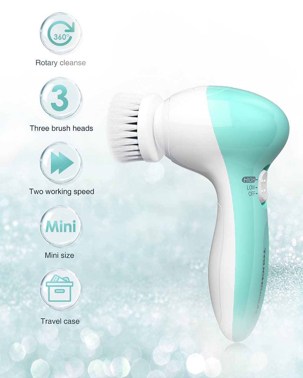 Electric Facial Cleansing Brush for Women, 3-in-1 Face Cleanser and Exfoliator Brush with 3 Brush Heads, 2 Speeds, Waterproof Spin Brush, Portable Travel Case (Green, Battery Operated)