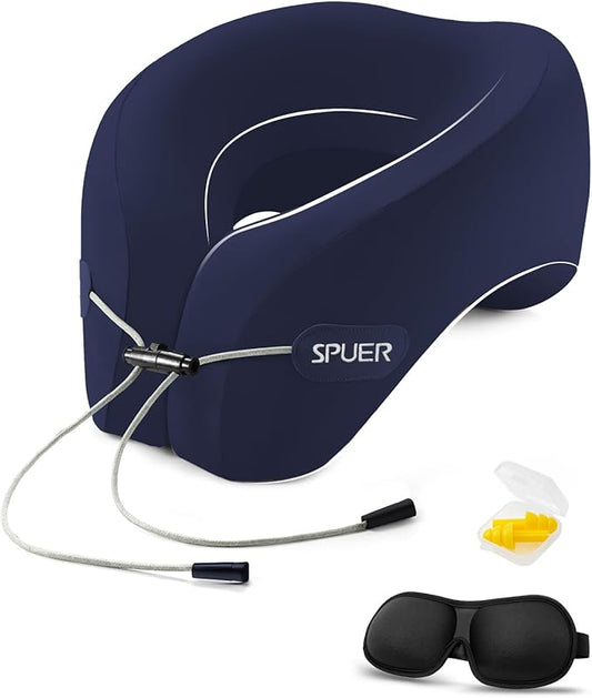 Travel Pillows for Airplanes, Neck Pillow Airplane, Airplane Travel Accessories with Eye Mask, Earplugs & Storage Bag, Ergonomic Memory Foam Neck Pillow for Sleeping, Flights, Cars, Office (Navy Blue)