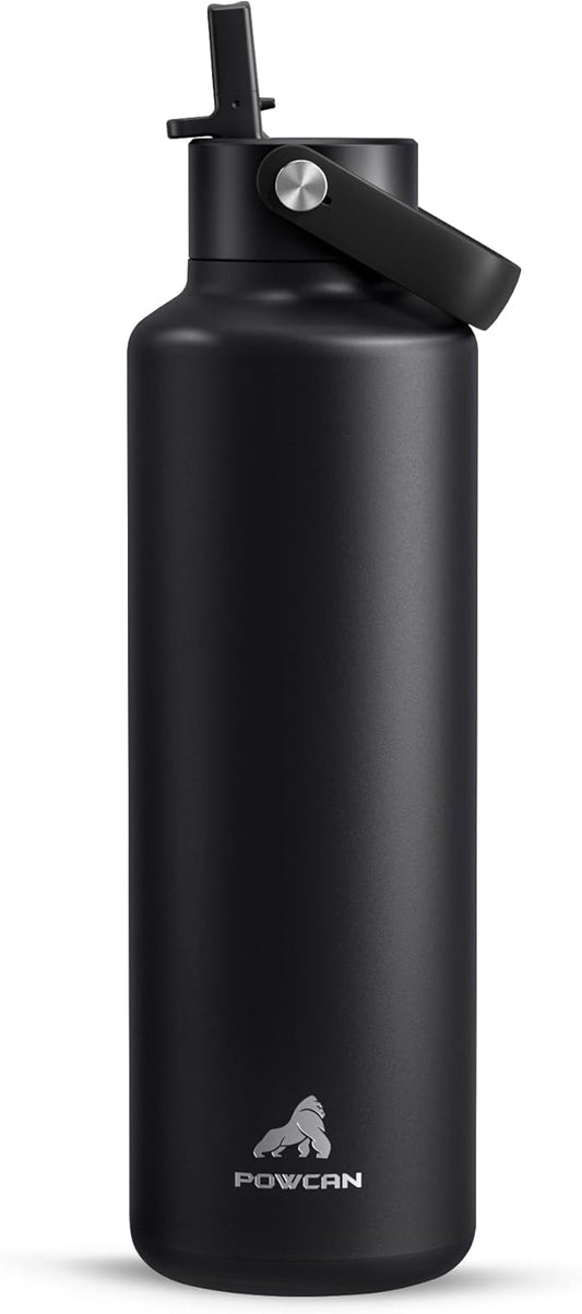 24 oz Slim Insulated Water Bottle for Outdoors: Leakproof, Flex Cap, Lightweight, Cold for 24 Hrs, Double Walled Stainless Steel Thermos with Straw for Travel, Hiking, Biking, Sport (Midnight Black)