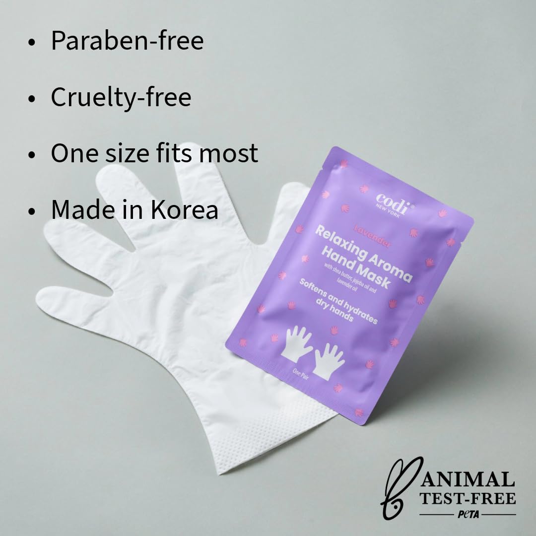 Codi New York Relaxing Aroma Hand Mask 6 Pairs | Natural Scent | Soothes & Hydrates Dry Hands | Hydrating Hand Treatment for Rough Skin & Dry Cuticles | Home Spa Gloves | Korean Skincare (Lavender)