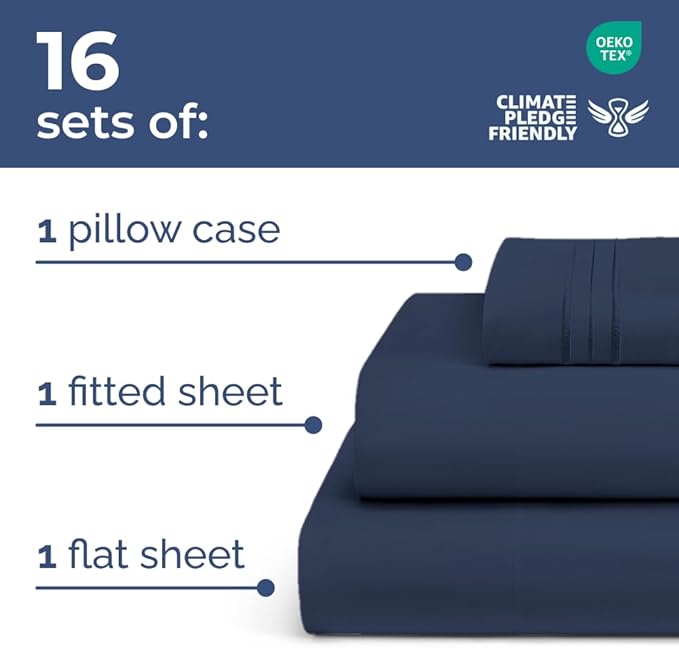 Bulk Case Pack of 16 Sheet Sets - (16) Complete Twin Size Sheet Sets w/ Deep Pockets - Wholesale Bulk Bedding for Hotels, Spas & Airbnbs - Breathable, Cooling, Soft & Wrinkle Free - (Twin, Navy Blue)