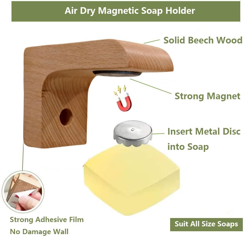 2sets Wood Magnetic Bar Soap Holder for Shower Wall,Magnet Air Dry Soap Saver Self Draining, Eco-Friendly Wooden Soap Dish for Soaps & Beard Shampoo Bars