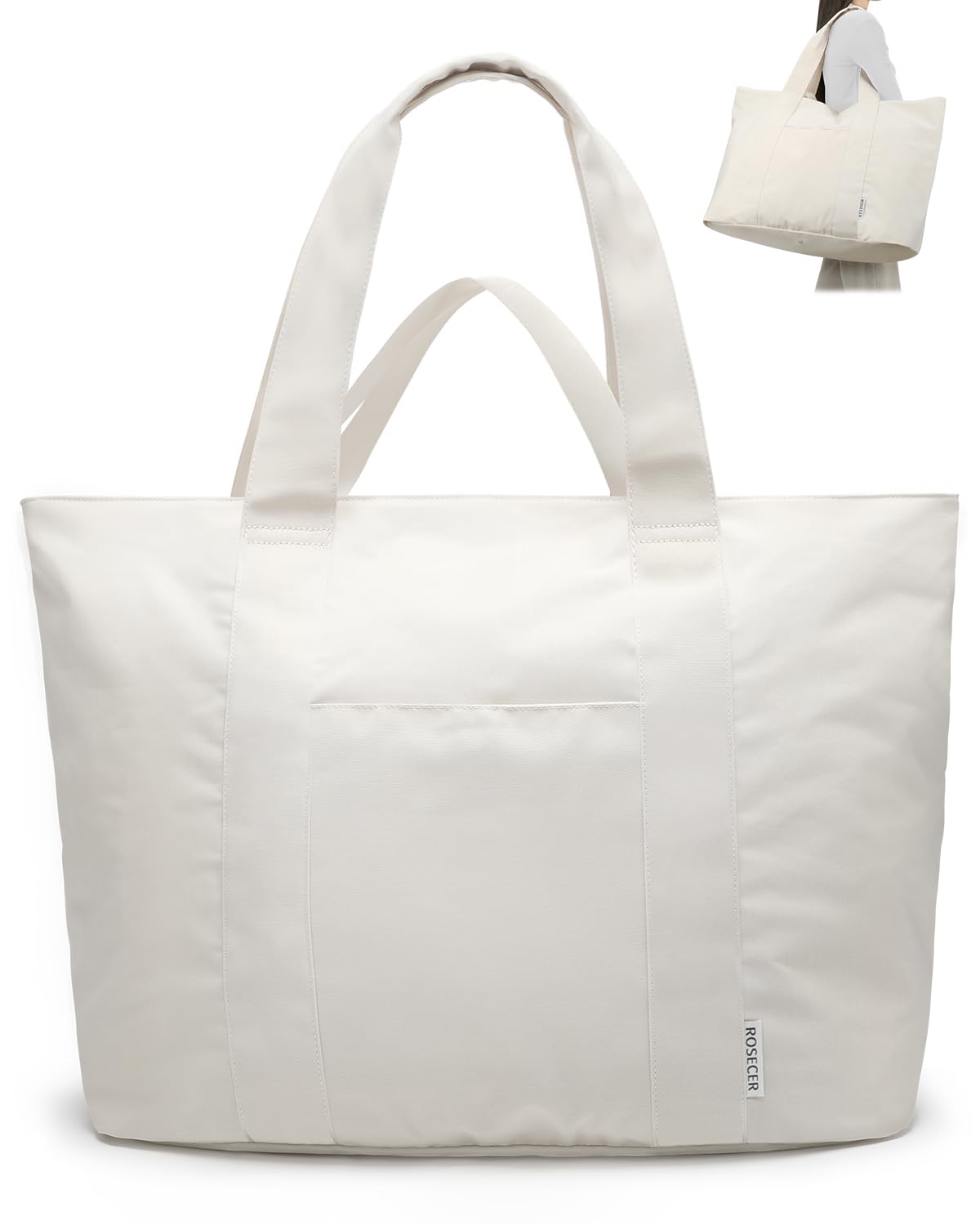 ROSECER Extra Large Tote Bag for Women, Foldable Beach Bag with Wet Pocket, Waterproof Weekender Overnight Bag for Travel, Gym, Hospital, Swim, Nurse, Beige