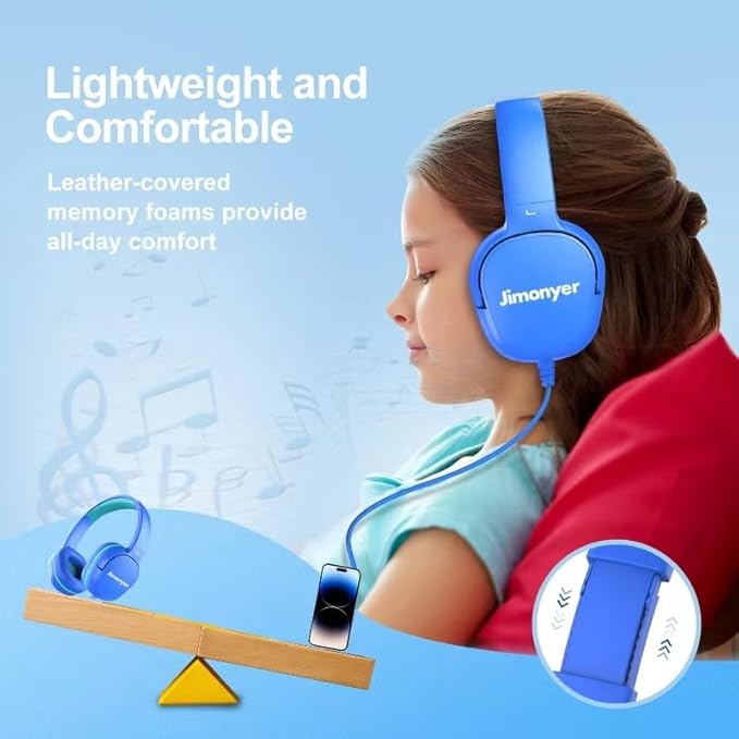 Kids Headphones for School, 3.5mm Jack Wired Headphones for Kids with Safe Volume Limiter, HD Stereo Sound On-Ear Girls Boys Toddler Headphone for Tablet, iPad, Kindle(Blue)