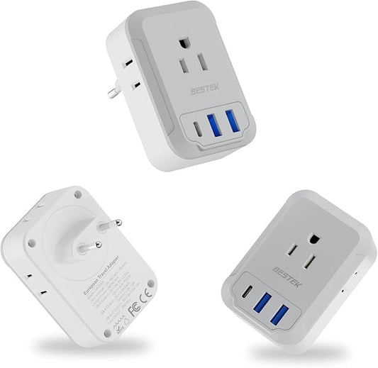 BESTEK 3 Pack European Travel Plug Adapter USB C - US to Europe Plug Adapter with 4 Outlets 3 USB Charger (1 PD 20W) Type C Plug Adapter Travel Essentials to Most Europe EU Spain Italy France Germany
