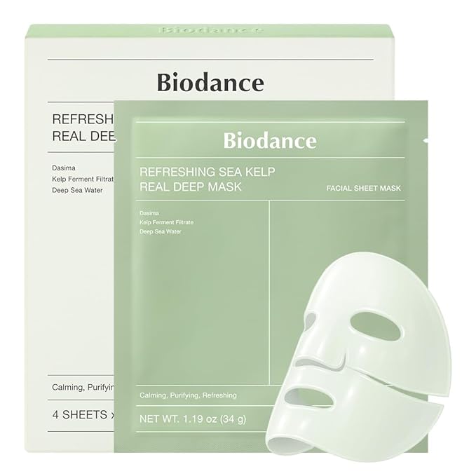 BIODANCE Refreshing Sea kelp Real Deep Mask, Overnight Hydrogel Mask, Calming, Oil & Sebum Control, Blemish Care, Korean Skincare, Stocking Stuffers for Teen Girls | 1.19oz(34g) x 4ea
