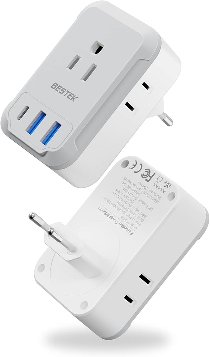 BESTEK 2 Pack European Travel Plug Adapter USB C - US to Europe Plug Adapter with 4 Outlets 3 USB Charger (1 PD 20W) Type C Plug Adapter Travel Essentials to Most Europe EU Spain Italy France Germany