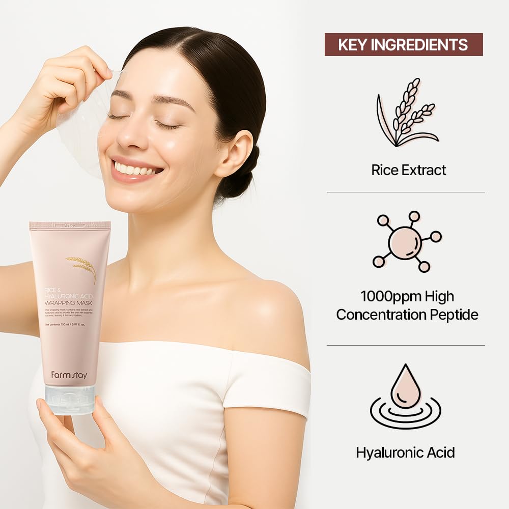 FARMSTAY RICE & HYALURONIC ACID WRAPPING MASK 5.07 fl.oz./150ml, overnight face mask, rice mask, peel off face mask, glass skin, korean skincare