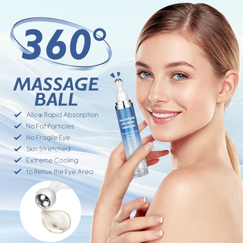 Caffeine & Retinol Eye Cream with 360° Massage Roller – Reduces Puffiness, Bags & Dark Circles – Peptides, Green Tea & Hyaluronic Acid – 15ml