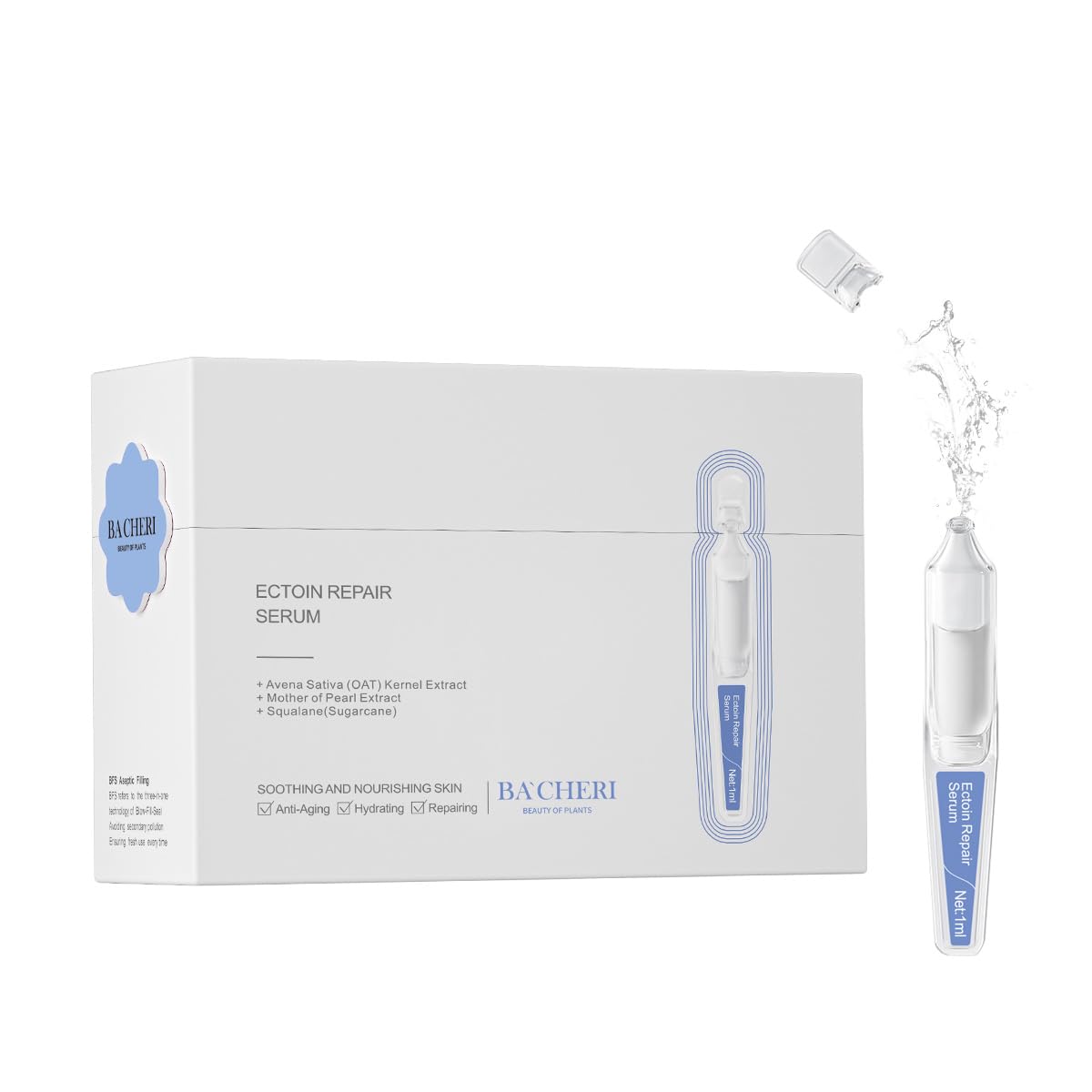 BACHERI Ectoin Repair Face Serum Ampoules # 30 Pcs/Box - Deep Moisture & Anti-Aging Serum with Beta-Glucan, Glycerin, and Hyaluronic Acid – Hydration, Soothes & Protects All Skin