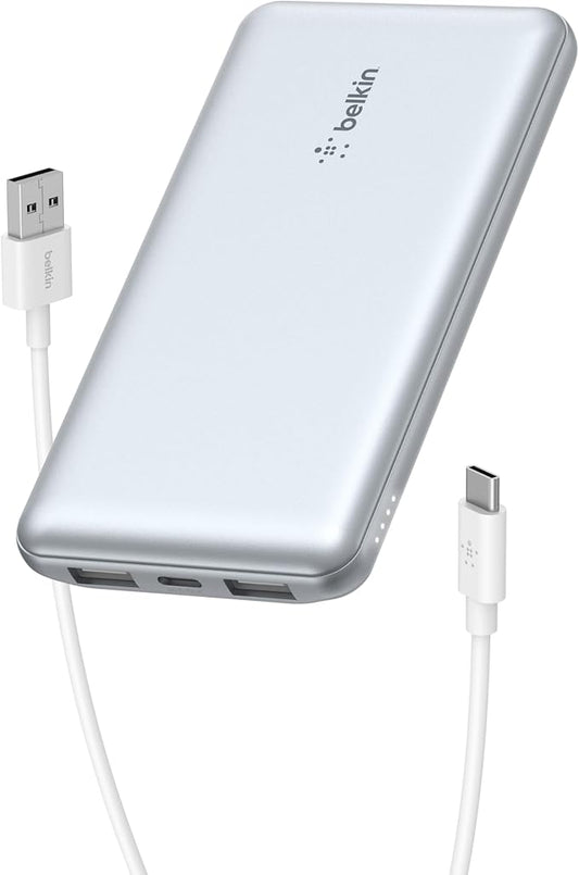 Belkin Portable Charger, USB C Power Bank 10,000mAh w/ 2xUSB-A Ports, 15W w/Type-C to Type-A Cable for iPhone 17, Air, Samsung Galaxy S25, iPad, Nintendo Switch 2, Google Pixel 10, etc. - Pearl Blue