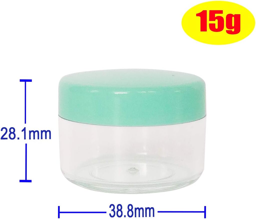 Wopanxye 12pack 15 Gram Small Clear Cosmetic Sample 15ml Empty Containers for Make-up Gifts, Eye-Shadow, Nails, Powder, Gels, Beads, Jewelry, Sunscreens Cream, Mini 15g Pot Jars with Green Cap Lids