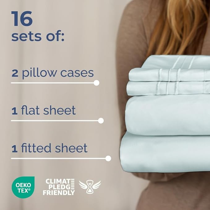 Bulk Case Pack of 16 Sheet Sets - (16) Complete Full Size Sheet Sets with Deep Pockets - Wholesale Bulk Bedding for Hotels, Spas & Airbnbs - Breathable, Cooling, Soft & Wrinkle Free - (Full, Ice Blue)