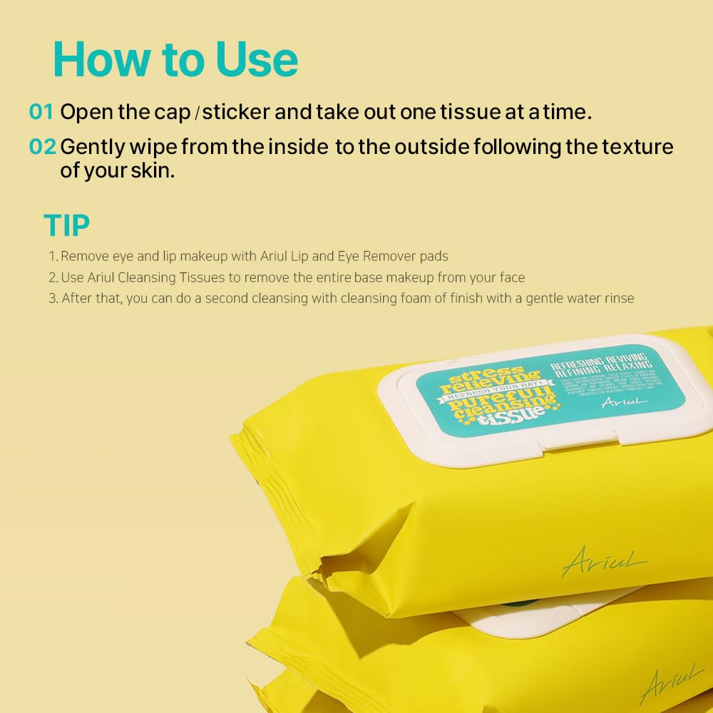 Ariul Stress Relieving Purefull Cleansing Tissue – Gentle & Hydrating Makeup Remover Wipes, Korean Skin Care with Natural Ingredients, 80 Counts × 2 Packs