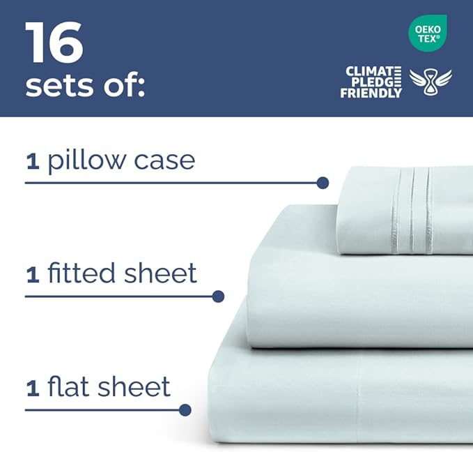 Bulk Case Pack of 16 Sheet Sets - (16) Complete Twin Size Sheet Sets with Deep Pockets - Wholesale Bulk Bedding for Hotels, Spas & Airbnbs - Breathable, Cooling, Soft & Wrinkle Free - (Twin, Ice Blue)