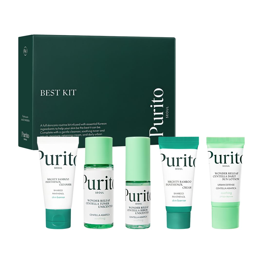 PURITO SEOUL Best Kit - Skincare Routine with Panthenol Cleanser & Cream, Unscented Centella Serum & Toner, For All Skin Types, Gift Set, For Face, Facial Serum, K-Beauty, 3.52 fl. oz.