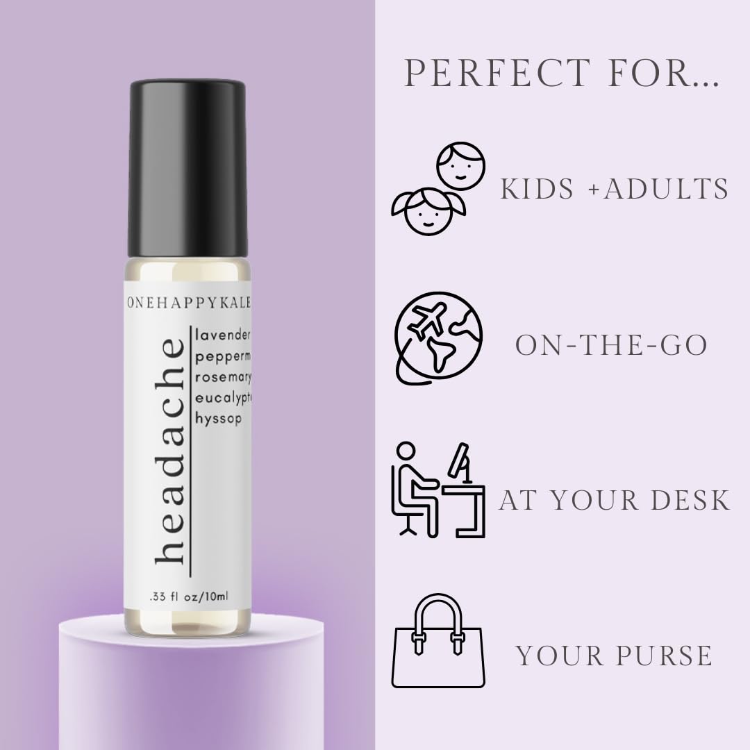 Headache Relief Essential Oil Roll-On 10ml – Fast-Acting Natural Blend with Peppermint, Lavender, Rosemary, Eucalyptus & Hyssop – Anti-Acne, Cooling & Calming, Cruelty-Free – Made in USA